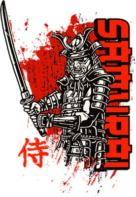Hình ảnh chiến binh Samurai mặc giáp, cầm kiếm, với hiệu ứng máu đỏ và chữ Samurai cách điệu.