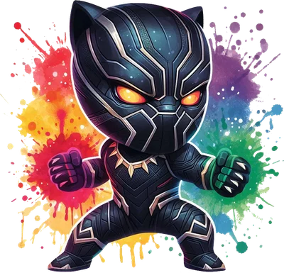 Hình in Black Panther phiên bản chibi với bộ giáp đen đặc trưng, mắt vàng rực rỡ, đứng trên nền vệt màu nước cầu vồng.