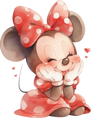 Hình ảnh Minnie Mouse hoạt hình dễ thương ngồi ôm má, mắt nhắm, má hồng, nơ và váy chấm bi đỏ trắng.
