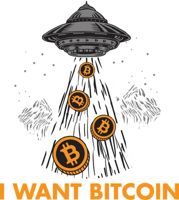 Hình ảnh UFO đang chiếu tia sáng xuống để bắt các đồng Bitcoin, có chữ 'I WANT BITCOIN' bên dưới.