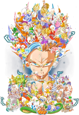 Hình ảnh ghép các nhân vật Dragon Ball nổi tiếng như Goku, Vegeta, Piccolo, Gohan, Frieza, Majin Buu và Rồng Thần Shenron.