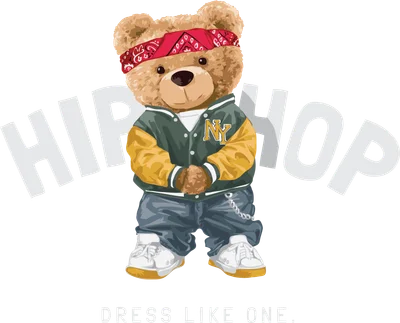 Hình ảnh gấu bông đeo khăn rằn đỏ, mặc áo khoác bomber, quần jean, giày sneaker, với chữ HIP HOP phía sau.