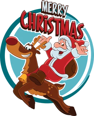 Hình ảnh Ông Già Noel cưỡi tuần lộc với dòng chữ Merry Christmas, phong cách hoạt hình vui nhộn.
