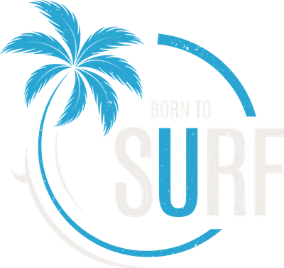Hình ảnh minh họa "Born to Surf" với cây dừa xanh, sóng biển trắng và chữ "SURF" màu xanh dương.