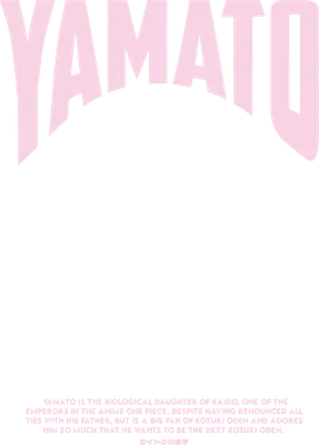 Chữ Yamato màu hồng nhạt trên nền xám, kèm mô tả nhân vật Yamato trong One Piece.