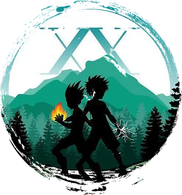 Hình ảnh hai nhân vật Gon và Killua từ Hunter x Hunter với biểu tượng lửa và sét, trên nền núi rừng và biểu tượng XX.