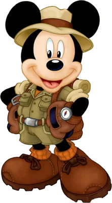 Mickey Mouse trong trang phục nhà thám hiểm màu be và nâu, đội mũ safari, đeo ba lô và giày đi bộ đường dài, mỉm cười.