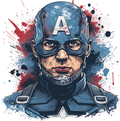 Hình minh họa Captain America với trang phục xanh đỏ, mũ có chữ A, nền xám và hiệu ứng màu nước bắn tung tóe.
