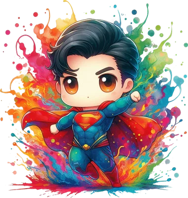 Hình ảnh Superman phong cách chibi đáng yêu, mặc trang phục xanh đỏ, áo choàng bay lượn trên nền hiệu ứng màu nước rực rỡ.