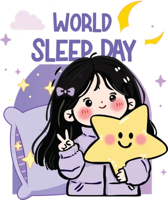 Hình ảnh minh họa cô gái chibi tóc đen, mặc đồ ngủ tím, ôm ngôi sao vàng có mặt cười, phía sau có mây, trăng và sao, chữ 'World Sleep Day'