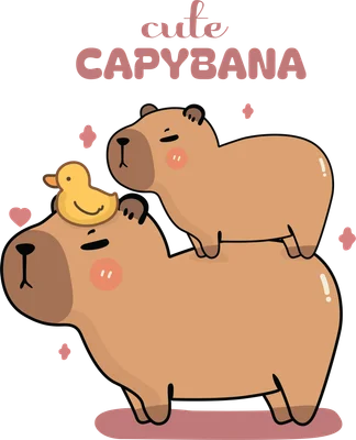 Hình minh họa cặp capybara mẹ con dễ thương với chú vịt vàng nhỏ trên đầu, phong cách hoạt hình đáng yêu.