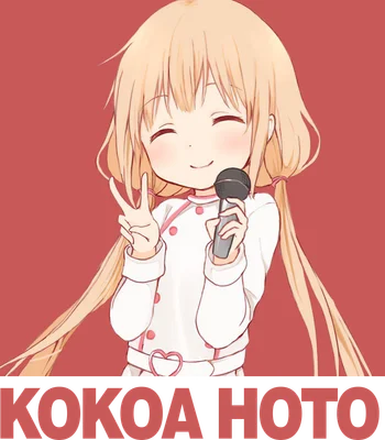 Hình vẽ cô bé tóc vàng hoe, mắt nhắm cười tươi, cầm micro và giơ tay chữ V, phong cách anime dễ thương.