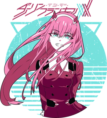 Hình vẽ anime Zero Two với mái tóc hồng dài, đôi mắt xanh, sừng nhỏ và trang phục đỏ.