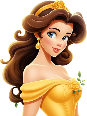 Hình minh họa công chúa Belle của Disney với váy vàng, tóc nâu xoăn, mắt xanh và hoa hồng cài tóc.