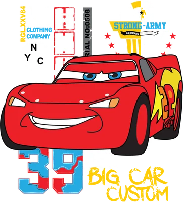 Hình ảnh xe đua Lightning McQueen màu đỏ với nụ cười tươi, số 39 và các dòng chữ liên quan.
