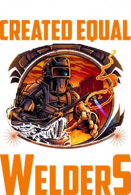 Hình ảnh thợ hàn chuyên nghiệp đang làm việc với tia lửa hàn, kèm theo câu nói "All Men Are Created Equal, Then A Few Become Welders"