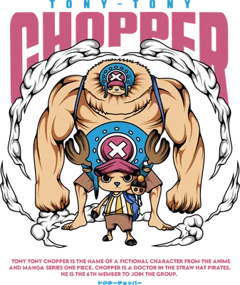 Hình ảnh Tony Tony Chopper trong One Piece với hai hình dạng: nhỏ nhắn và khổng lồ cơ bắp, bao quanh bởi khói.