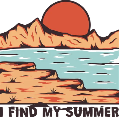 Hình minh họa phong cảnh sa mạc với núi, hồ nước và mặt trời lặn, có chữ 'I FIND MY SUMMER'
