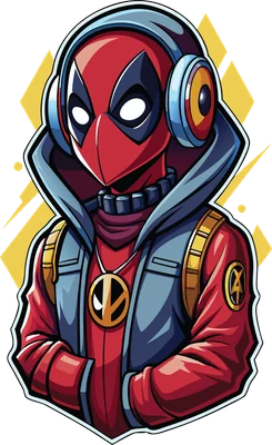 Hình vẽ Deadpool mặc áo hoodie, quần áo phong cách hiphop, đeo tai nghe lớn, mặt nạ đỏ đen, có dây chuyền biểu tượng hòa bình.