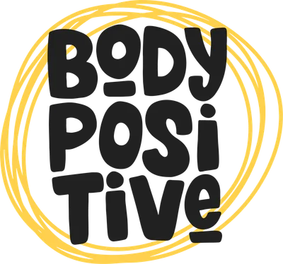 Hình ảnh chữ "BODY POSITIVE" màu đen, font chữ bo tròn, nằm trong vòng tròn màu vàng nguệch ngoạc trên nền xám.