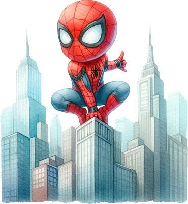 Nhân vật Spider-Man phong cách chibi đứng trên các tòa nhà cao tầng New York với nền xám