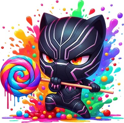 Hình ảnh chibi Black Panther ngầu với bộ đồ đen, mắt đỏ rực, đang cầm cây kẹo mút xoắn ốc cầu vồng trên nền màu sắc rực rỡ.