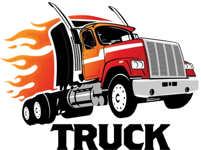 Hình ảnh minh họa xe tải đầu kéo màu đỏ cam với hiệu ứng lửa bùng cháy phía sau, chữ 'TRUCK' bên dưới.