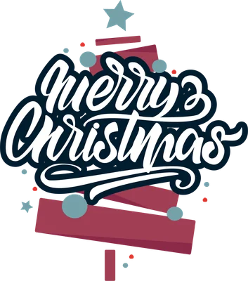 Chữ Merry Christmas viết tay theo phong cách calligraphy, có các chi tiết trang trí Giáng sinh như cây thông, quả châu.
