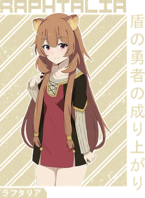 Hình ảnh Raphtalia, nhân vật anime dễ thương với đôi tai mèo, mái tóc nâu dài và trang phục đỏ đen.