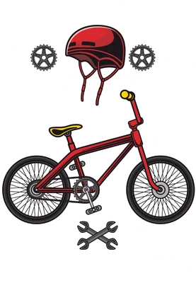 Hình ảnh minh họa xe đạp BMX màu đỏ, mũ bảo hiểm đỏ, bánh răng và các dòng chữ liên quan đến đạp xe.