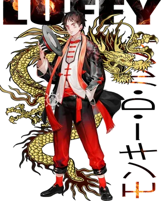 Hình ảnh nhân vật Luffy trong trang phục phong cách Á Đông, đứng trước hình ảnh rồng vàng hùng vĩ.