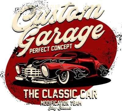 Thiết kế hình in xe hơi cổ điển phong cách retro với chữ Custom Garage