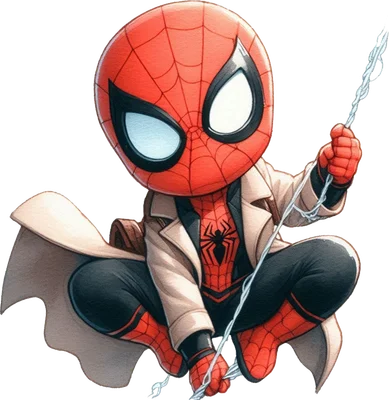 Hình ảnh Người Nhện chibi đáng yêu mặc trang phục đỏ đen, áo khoác màu be, đang ngồi xổm và giữ tơ nhện.