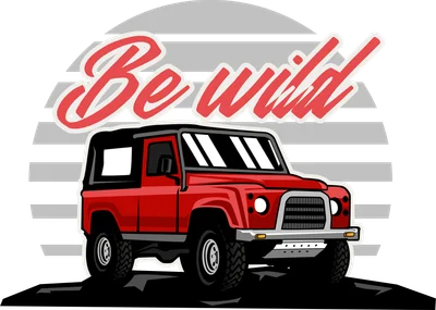 Hình vẽ xe địa hình màu đỏ với dòng chữ "Be Wild" phía trên, phong cách retro.