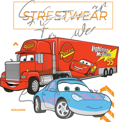 Hình ảnh hoạt hình xe Lightning McQueen và xe tải Rust-eze với biểu cảm vui vẻ, trên nền xám.
