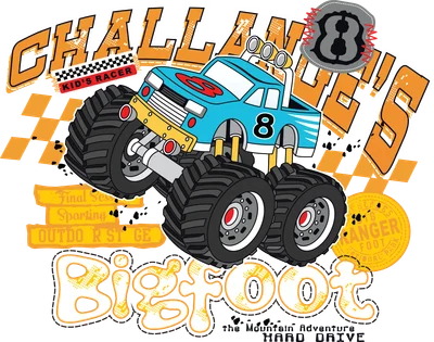 Hình ảnh minh họa xe tải Bigfoot màu xanh dương với bánh xe khổng lồ, có chữ "CHALLENGER'S" và "Bigfoot" phía trên và dưới.