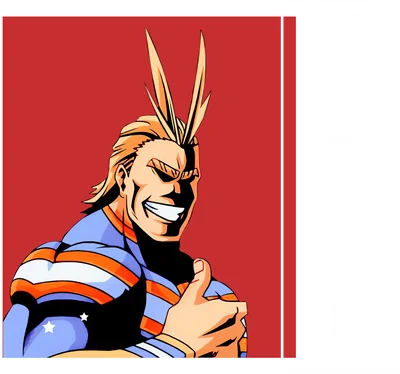 Hình ảnh All Might, nhân vật anime với mái tóc vàng đặc trưng, đang giơ ngón cái lên, mặc trang phục anh hùng sọc xanh cam.