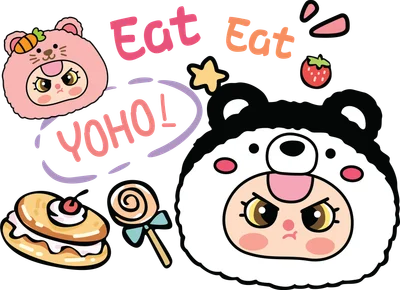 Hình minh họa chibi hai bé gái đội mũ hình thỏ hồng và gấu trúc trắng đen, biểu cảm giận dỗi, kèm đồ ăn vặt và chữ Eat Eat.