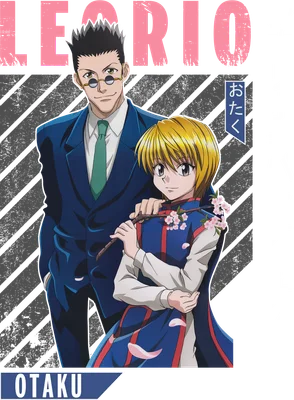 Hình ảnh hai nhân vật anime Leorio và Kurapika từ Hunter x Hunter, Leorio mặc vest xanh, Kurapika mặc trang phục xanh đỏ.