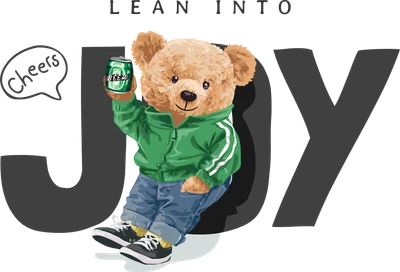 Hình minh họa gấu bông hoạt hình mặc áo hoodie xanh, quần jean, giày thể thao, đang nâng lon nước và ngồi trên chữ JOY lớn, có bong bóng thoại 'Cheers'.