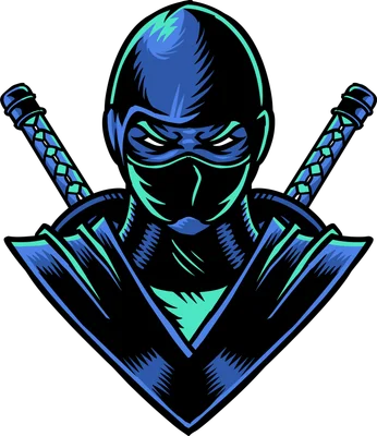 Hình ảnh đồ họa một ninja bí ẩn mặc trang phục xanh đen, đeo mặt nạ và hai thanh katana sau lưng.