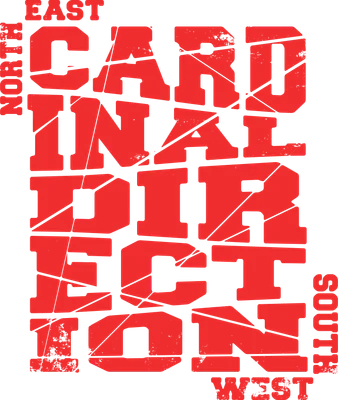 Hình in chữ "Cardinal Direction" màu đỏ nổi bật trên nền xám, phong cách vintage.