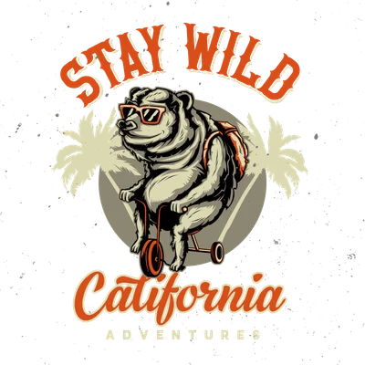 Hình minh họa chú gấu đeo kính râm đi xe đạp ba bánh với dòng chữ Stay Wild California Adventures