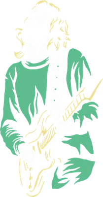 Hình minh họa vector một nghệ sĩ guitar nam tóc dài đang chơi đàn điện với vẻ mặt say mê, áo xanh lá.