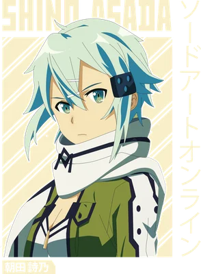 Hình vẽ anime Sinon (Asada Shino) từ Sword Art Online, tóc xanh bạc, mắt xanh, mặc áo khoác xanh lá, khăn trắng.