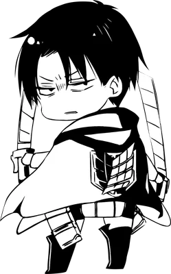 Hình chibi nhân vật Levi Ackerman từ Attack on Titan, tay cầm hai thanh kiếm, biểu cảm cau có.