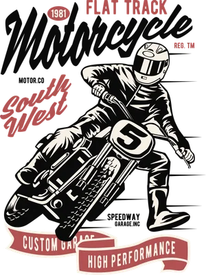 Hình minh họa tay đua mô tô flat track phong cách vintage với chữ typography cổ điển