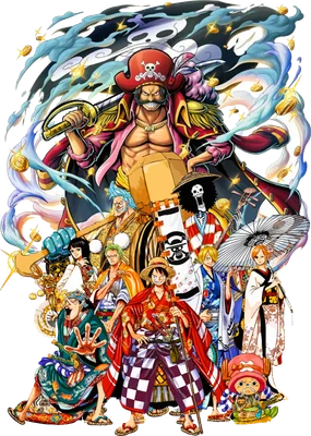 Tranh vẽ nhóm nhân vật One Piece gồm Monkey D. Luffy, Roronoa Zoro, Nami, Usopp, Sanji, Tony Tony Chopper, Brook, Franky, và Gol D. Roger trong trang phục Kimono và Yukata.