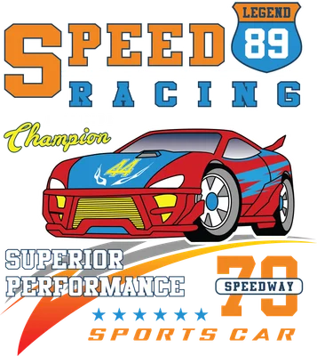 Hình ảnh minh họa xe đua thể thao màu đỏ xanh với chữ "Speed Racing" và "Champion"