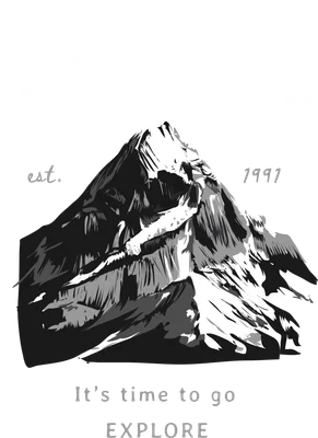 Hình ảnh núi non hùng vĩ với phong cách đồ họa đen trắng, kèm chữ 'The NAVIGATOR' và 'EXPLORE' trên nền xám.